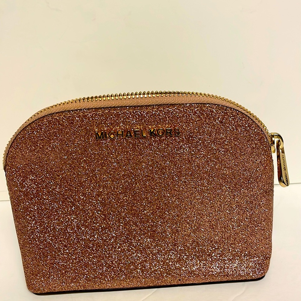 MICHAEL KORS “Emmy” Rose Gold Leather / Glitter Cosmetic/Travel Pouch. - NWOT